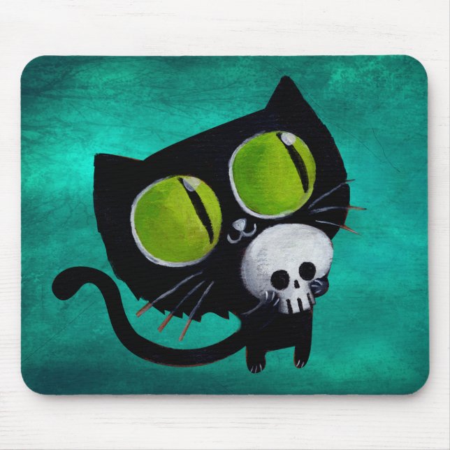 Tapis De Souris Chat noir de Halloween avec le crâne (Devant)