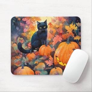 Tapis De Souris Chat noir Halloween avec citrouilles effrayant
