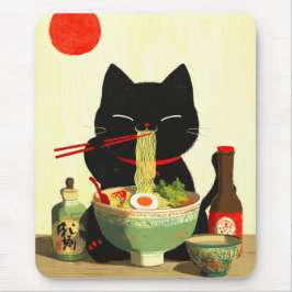 Tapis De Souris Chat noir heureux mangeant du Ramen | Ukiyo-e japo