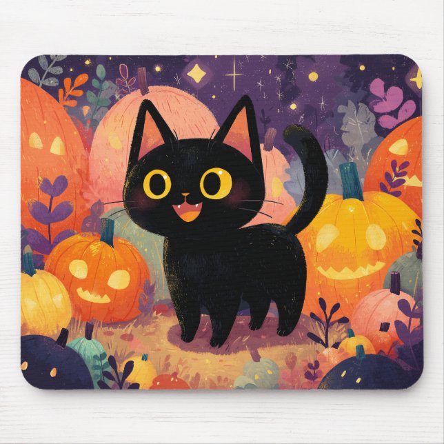 Tapis De Souris Chat noir mignon avec Jack-o’-Lanterns - Mousepad (Devant)