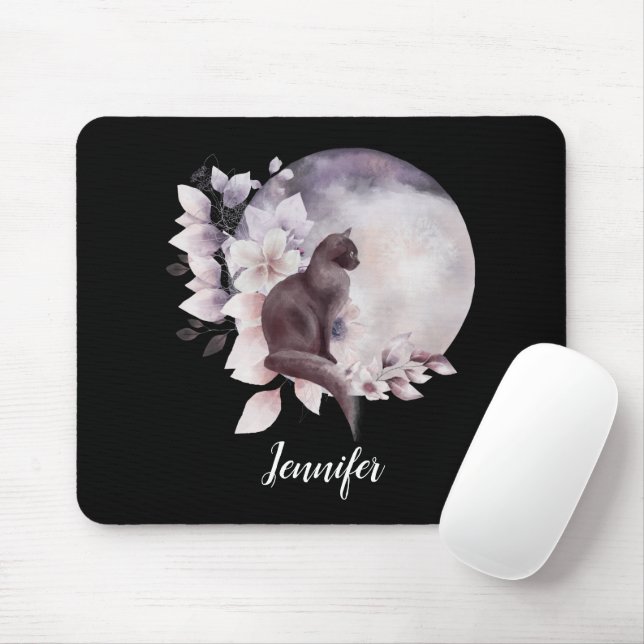 Tapis De Souris Chat noir par une Pleine lune magique (Avec souris)