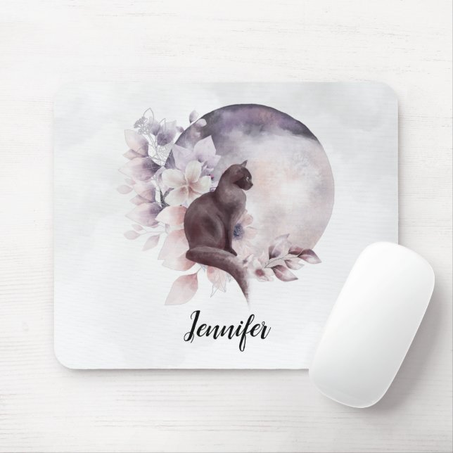 Tapis De Souris Chat noir par une Pleine lune magique (Avec souris)