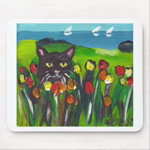 Tapis De Souris Chat noir parmi des tulipes