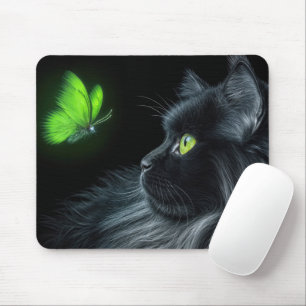 Tapis De Souris Chat Noir qui s'agenouille à un papillon vert bril