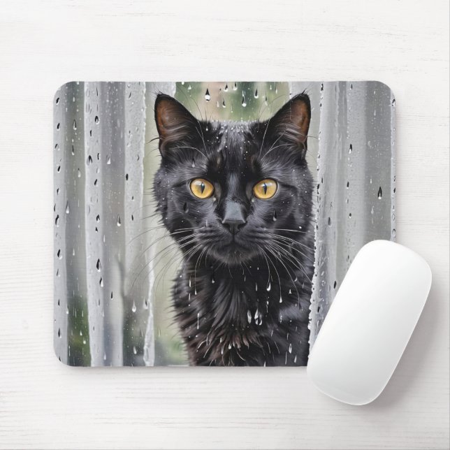 Tapis De Souris Chat noir regardant par la fenêtre humide (Avec souris)