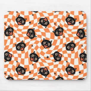 Tapis De Souris Chat noir rétro Motif chèque orange