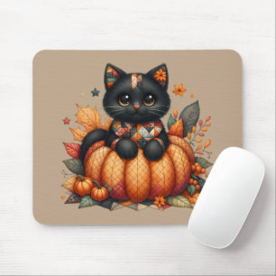 Tapis De Souris Chat noir sur Citrouille avec Motif de courtepoint