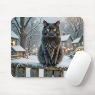 Tapis De Souris Chat noir sur une clôture neigeuse