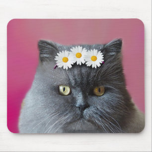 Tapis De Souris Chat perse gris avec marguerites blanches