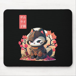 Tapis De Souris Chat rétro Kawaii Samurai avec cerisier en fleurs