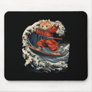 Tapis De Souris Chat samouraï surfant sur la grande vague ronin ka