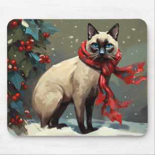 Tapis De Souris Chat siamois à Noël sous la neige