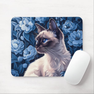 Tapis De Souris Chat siamois en Fleurs Bleues