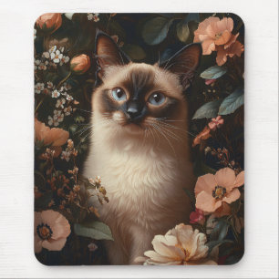 Tapis De Souris Chat Siamois Entouré De Fleurs Roses Bruyantes