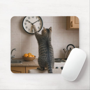 Tapis De Souris Chat tigré changeant l'heure sur une horloge de cu