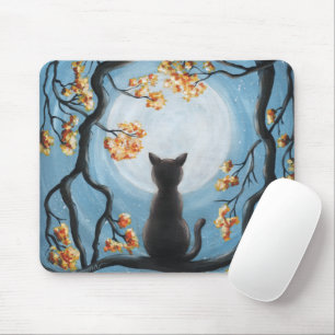 Tapis De Souris Chat Whimsical en bleu Pleine lune d'arbre