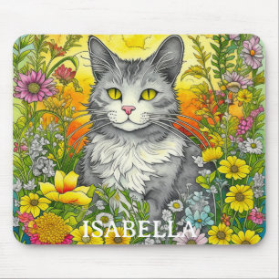 Tapis De Souris Chat Whimsical Personnalisé et Fleurs