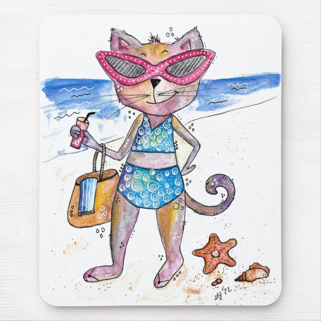 Tapis De Souris Chat Whimsical sur la plage (Devant)