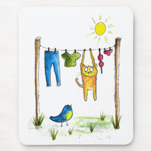 Tapis De Souris Chat Whimsical sur une ligne de linge