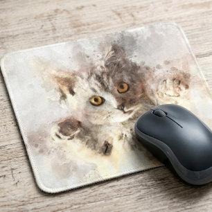 Tapis De Souris Chaton à l'aquarelle joueur avec des yeux ambre br