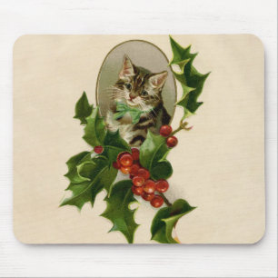 Tapis De Souris Chaton de Noël victorien au houx antique tabby