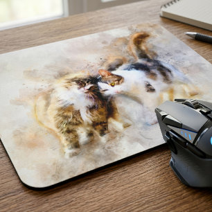 Tapis De Souris Chats à l'aquarelle se câlinant dans l'art abstrai