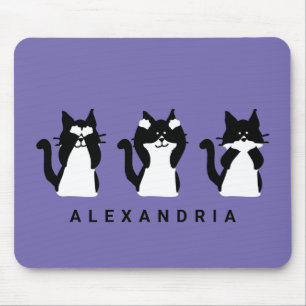 Tapis De Souris Chats blancs noirs Trois cerfs-volants mauve