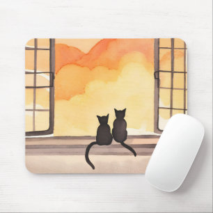 Tapis De Souris Chats dans la fenêtre   Silhouette aquarelle au co