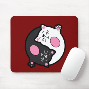 Tapis De Souris Chats endormis Yin Yang en noir et blanc