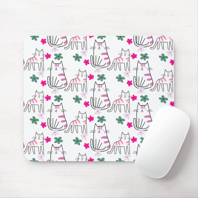 Tapis De Souris Chats et fleurs en blanc (Avec souris)