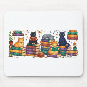 Tapis De Souris Chats lisant des livres Scène de bibliothèque cosy