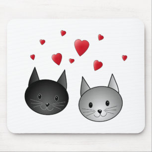 Tapis De Souris Chats noirs et gris mignons, avec des coeurs
