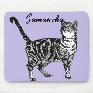 Tapis De Souris Chatte tigrée noire et blanche Nom Violet 