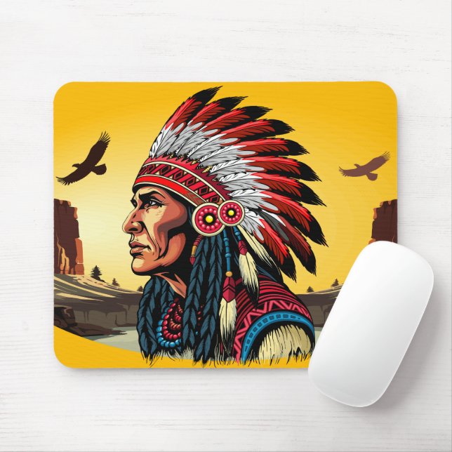 Tapis De Souris Chef amérindien sur paysage sauvage coucher de sol (Avec souris)