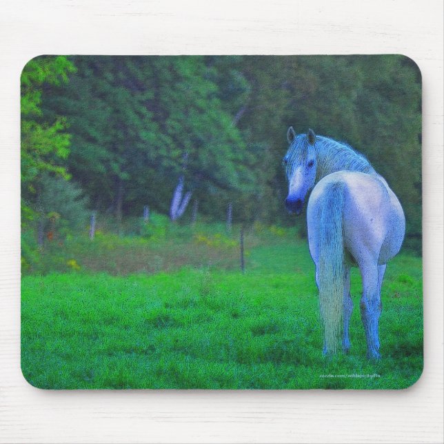 Tapis De Souris Cheval blanc en champ à minuit Art Mousepad (Devant)
