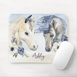 Tapis De Souris Cheval bleu gris avec fleurs nom personnalisé
