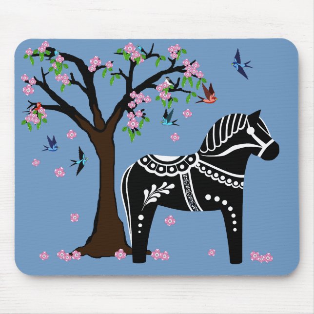 Tapis De Souris Cheval Dala noir/blanc folk, Oiseau/fleur folk (Devant)