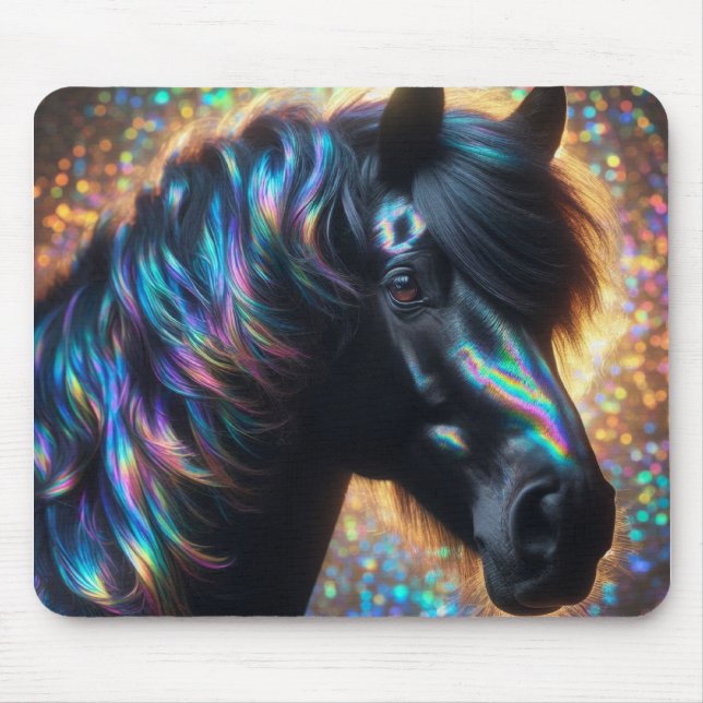Tapis De Souris Cheval noir avec Mane Iridescente (Devant)