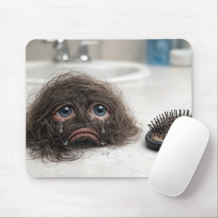 Tapis De Souris Cheveux épars avec visage triste et brosse à cheve