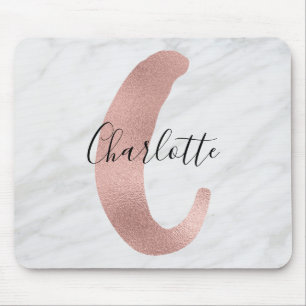 Tapis De Souris Chic Blanc & Gris Marbre Rose Or Monogramme Nom