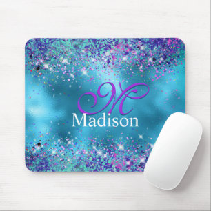 Tapis De Souris Chic bleu rose irisé parties scintillant monogramm