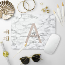 Chic Blush Pink White Marble Script Nom monogram