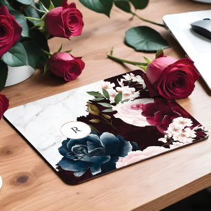 Tapis De Souris Chic Bourgogne et marbre Aquarelle Florale Monogra