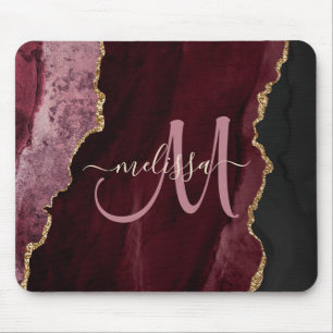 Tapis De Souris Chic Bourgogne Or Agate Script Personnalisé Monogr