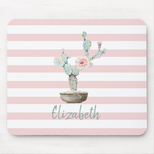 Tapis De Souris Chic Cactus Aquarelle, Bandes Roses (Devant)