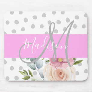 Tapis De Souris Chic & Girly Floral Blanc Rose Gris Monogramme Nom