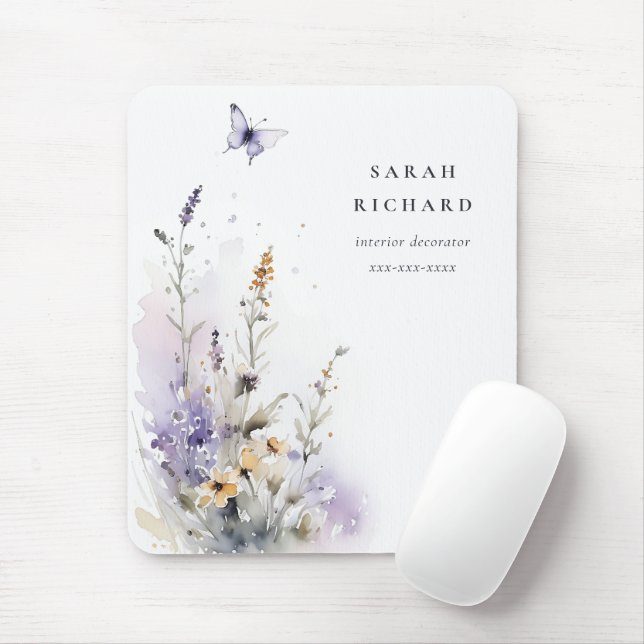 Tapis De Souris Chic Lilac Purple Fleur sauvage Papillon Aquarelle (Avec souris)
