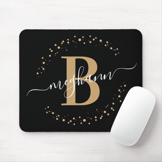 Tapis De Souris Chic Modern Girly Black Gold Nom Script Monogramme (Avec souris)
