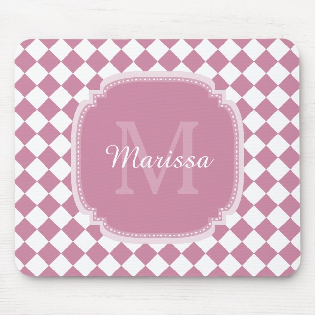 Tapis De Souris Chic Nom Monogrammé Rose Rose vérifié (Devant)