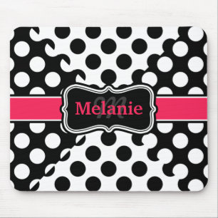 Tapis De Souris Chic Pois Hot rose noir blanc Nom personnalisé